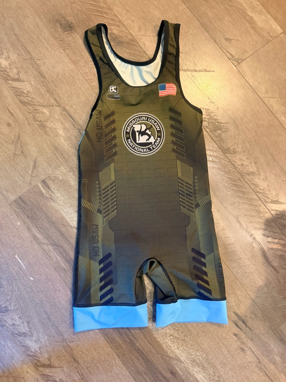Men's Olive Green Wrestling Singlet with Light Blue Trim